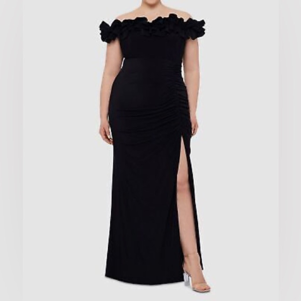 New Xscape Black Ruffled Off-The-Shoulder Long Sheath Dress Plus Size 18W 5612XW